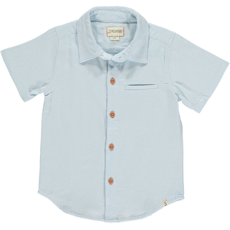 Pale blue woven shirt, , 5 buttons going down the middle, short sleeve with a smart collar and a small front pocket