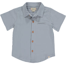  Grey woven shirt , 5 buttons going down the middle, short sleeve with a smart collar and a small front pocket