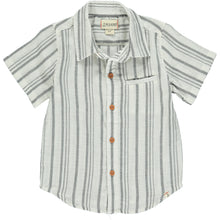  Charcoal/Cream stripe woven shirt Stripe Woven Shirt, 5 buttons going down the middle, short sleeve with a smart collar and a small front pocket