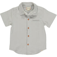  Pale grey woven shirt,  , 5 buttons going down the middle, short sleeve with a smart collar and a small front pocket