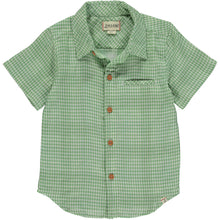  Green plaid woven shirt , 5 buttons going down the middle, short sleeve with a smart collar and a small front pocket