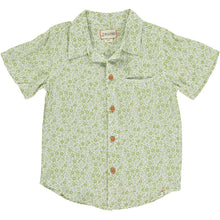   Green Floral Woven Shirt, 5 buttons going down the middle, short sleeve with a smart collar and a small front pocket