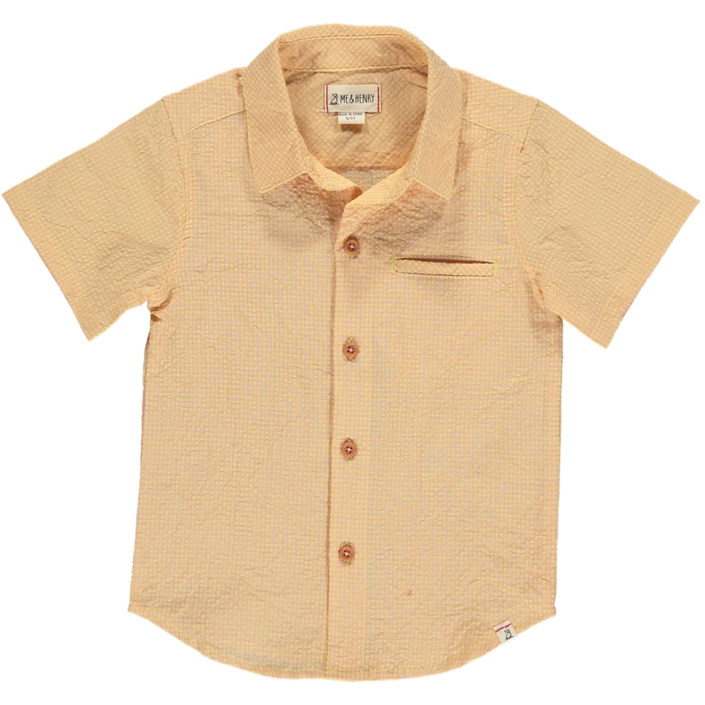 Apricot/Yellow seersucker Woven Shirt, 5 buttons going down the middle, short sleeve with a smart collar and a small front pocket