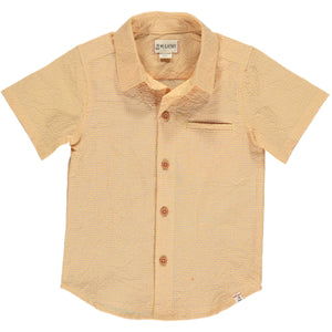 Apricot/Yellow seersucker Woven Shirt, 5 buttons going down the middle, short sleeve with a smart collar and a small front pocket