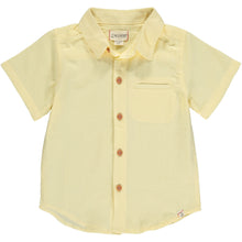  lemon woven shirt , 5 buttons going down the middle, short sleeve with a smart collar and a small front pocket