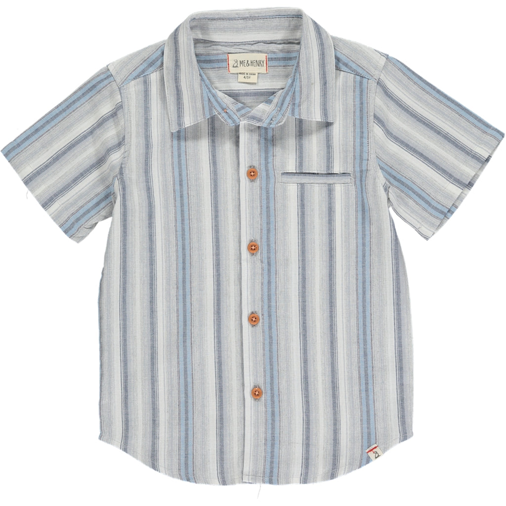 Blue stripe woven shirt Stripe Woven Shirt, 5 buttons going down the middle, short sleeve with a smart collar and a small front pocket