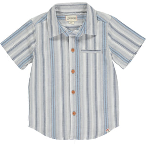 Blue stripe woven shirt Stripe Woven Shirt, 5 buttons going down the middle, short sleeve with a smart collar and a small front pocket