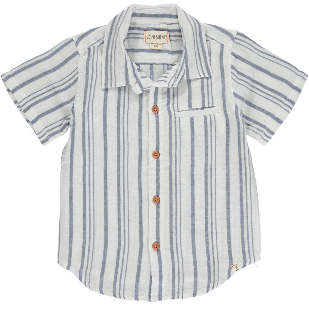Blue/White stripe woven shirt Stripe Woven Shirt, 5 buttons going down the middle, short sleeve with a smart collar and a small front pocket