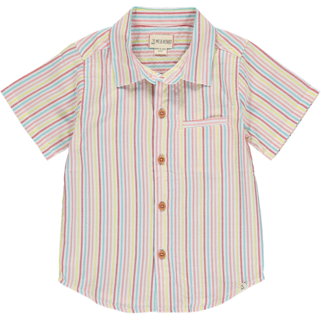 Candy Stripe Woven Shirt, 5 buttons going down the middle, short sleeve with a smart collar and a small front pocket