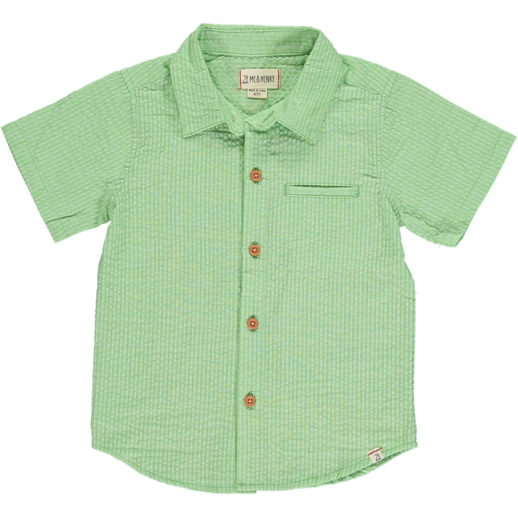 Lime Seersucker Woven Shirt, 5 buttons going down the middle, short sleeve with a smart collar