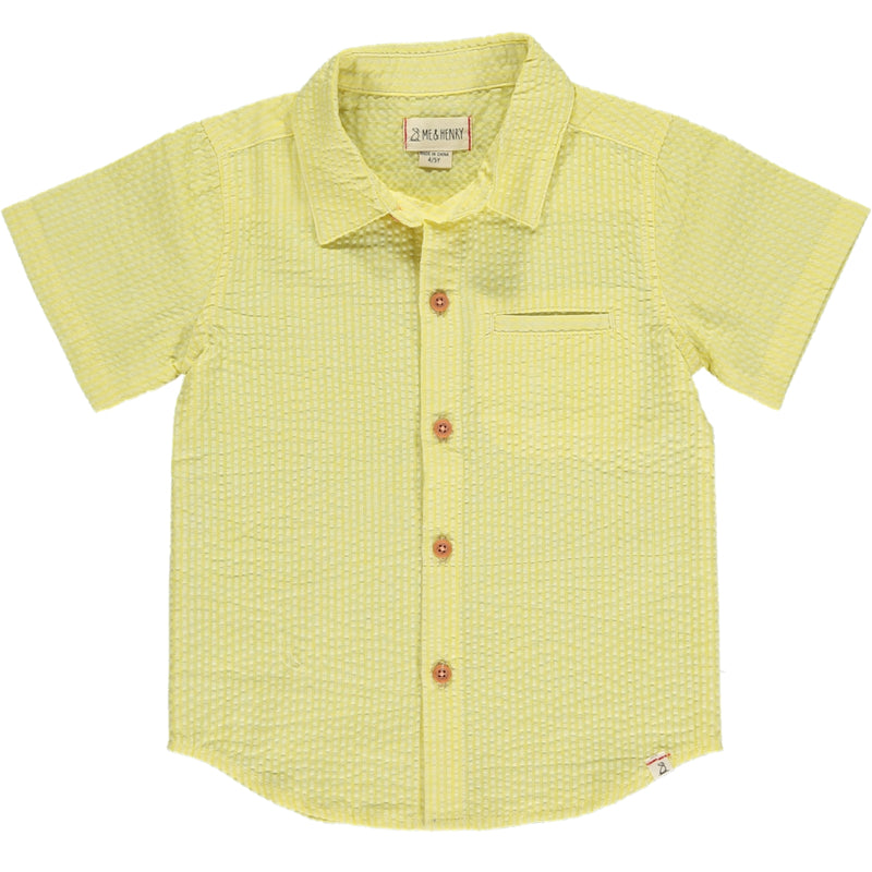 Yellow Seersucker Woven Shirt, 5 buttons going down the middle, short sleeve with a smart collar and a small front pocket.