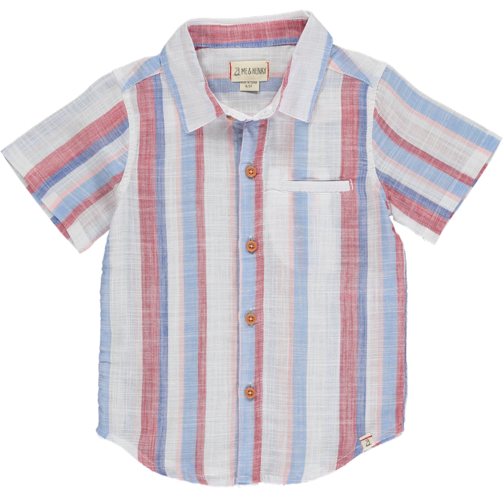 Red/White/Blue Stripe Woven Shirt, 5 buttons going down the middle, short sleeve with a smart collar and a small front pocket