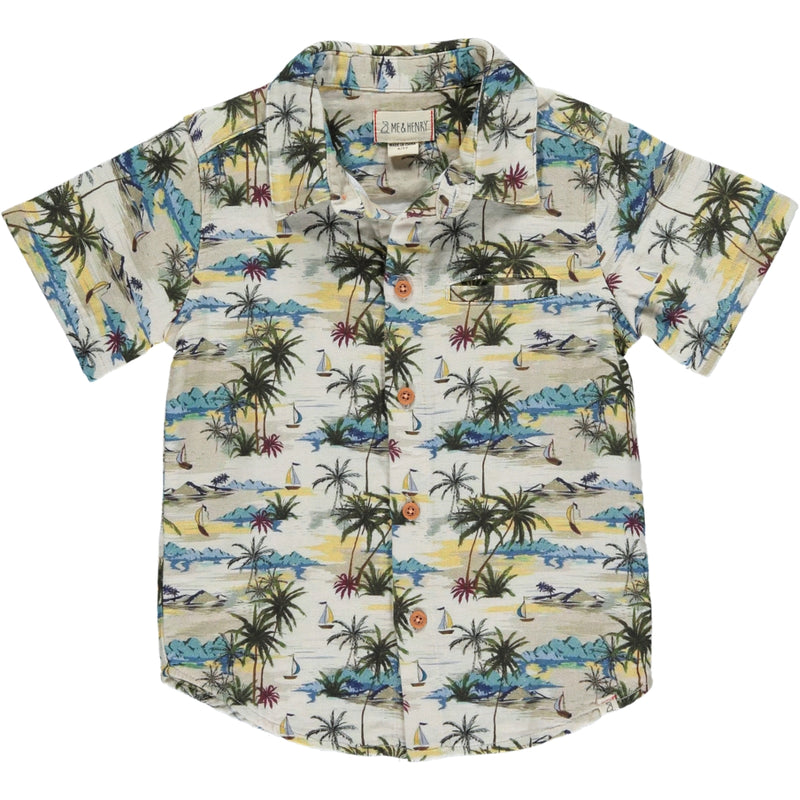 Cream hawaiian print woven shirt,  palm trees, sail boats and beaches print, 5 buttons going down the middle, short sleeve with a smart collar and a small front pocket