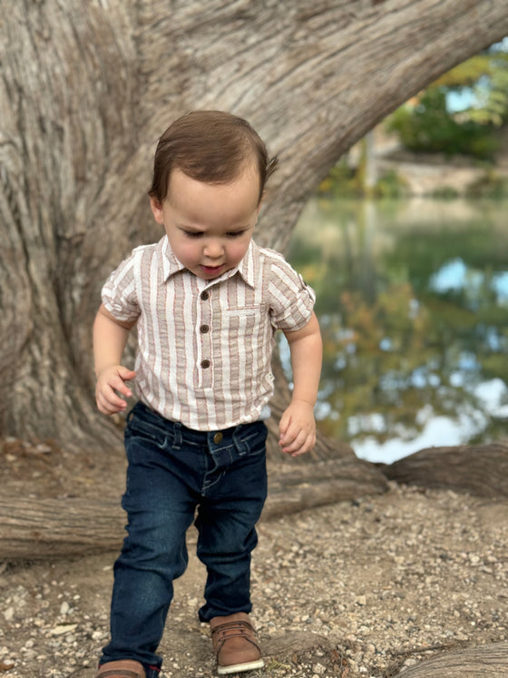 Grey/Cream Stripe JASPER Woven Onesie