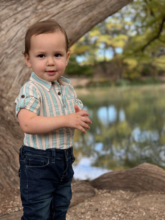 Green/Cream Stripe JASPER Woven Onesie