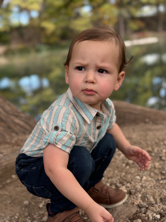 Green/Cream Stripe JASPER Woven Onesie