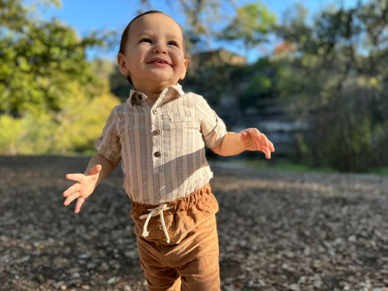 Blue/Cream Stripe JASPER Woven Onesie