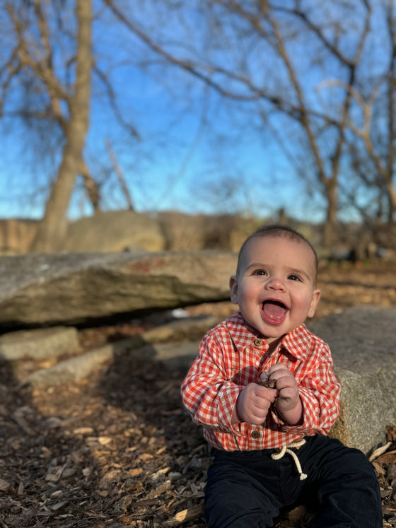 Pumpkin Micro Plaid JASPER Woven Onesie