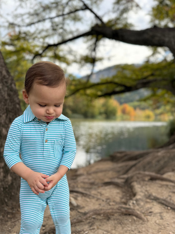 Turquoise/White Stripe KINGSTON Polo Romper