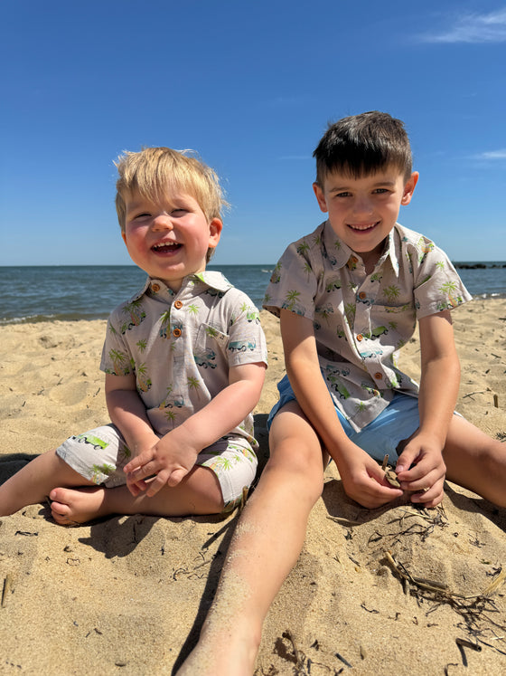 grey, campervan, printer, romper, button, buttons, collar, pocket, short, sleeves, little, on,  beach, spring, summer, henry, Matching Brother.