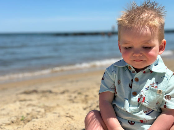 baby, boy, on, the, beach, blue, nautical, printed, romper, button, buttons, collar, brown, hair, spring, summer, henry.