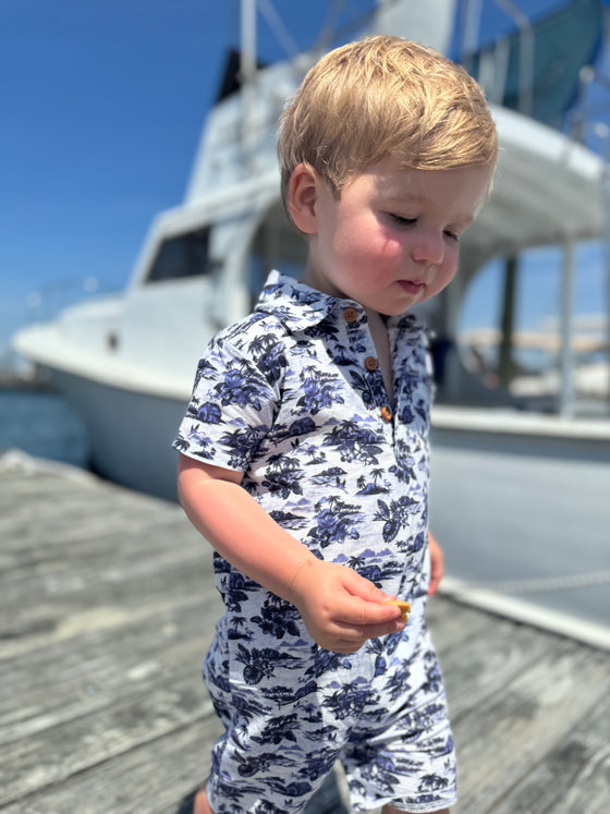 little, boy, at, the, board, walk, navy, Hawaii, printed, romper, button, buttons, collar, pocket, spring, summer, henry.