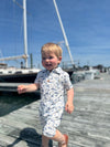 navy, boat, printed romper, button, buttons, collar, tan, sandals, little, boy, walking, on, the boardwalk, spring, summer, henry, 