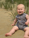 navy, cream, plaid, playsuit, button,  buttons, little, baby, sitting, playing, in, the, sand, spring, summer, henry, 