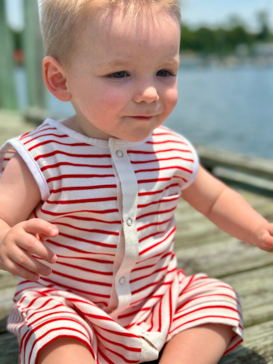 little; boy, on, pier, red, white, ribbed, playsuit, spring, summer, cool, look, henry.