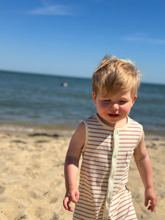 beige, cream, ribbed, playsuit, button, buttons, little, boy, holding, a, big, sea, shell, spring, summer, henry.