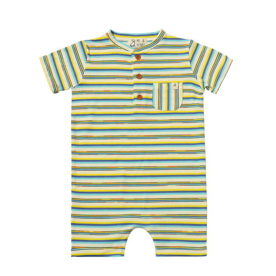 CAMBORNE Yellow/Blue Multi Striped Ribbed Henley Romper