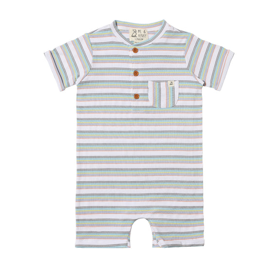 CAMBORNE Blue/Grey/Yellow Multi Striped Ribbed Henley Romper