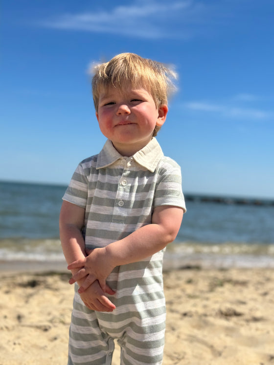 grey, white stripe, polo, romper collar, button, buttons, little, boy holding, a, stick, spring summer, henry, 