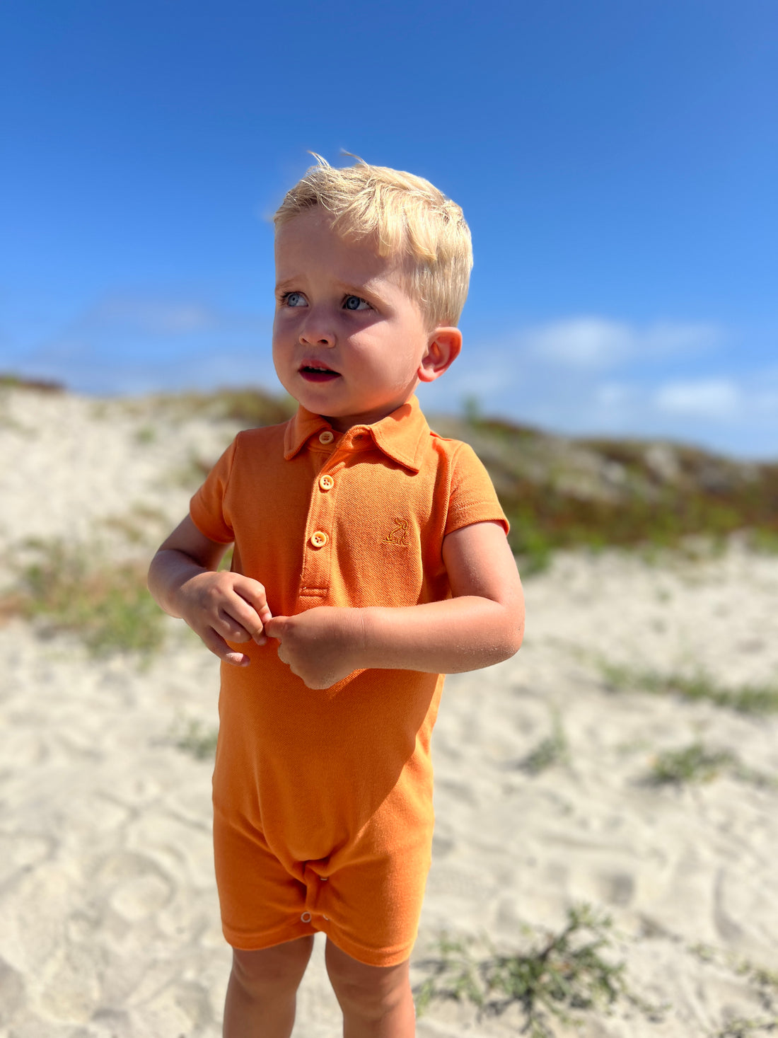  tangerine, pique, polo, romper, button, buttons, collar, fair, hair, little, boy,              at, the, beach, cool, look, spring, summer, henry,