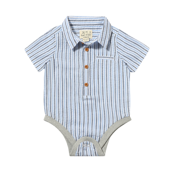 HELFORD Blue/Navy/White Thin Stripe Seersucker Woven Onesie