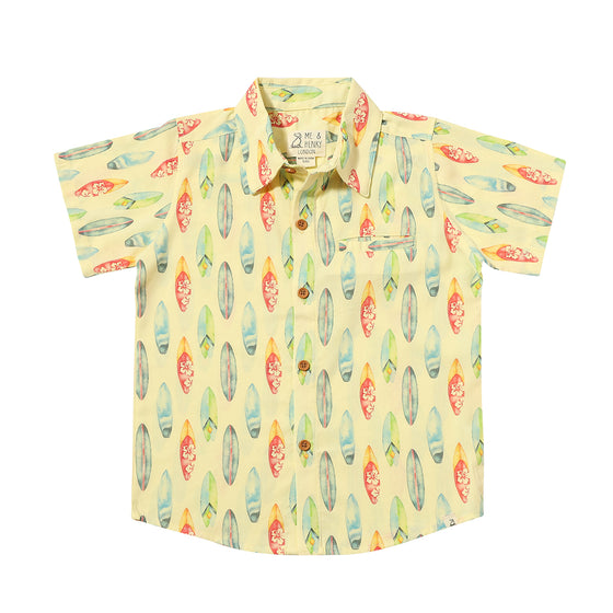 Mens Maui Woven Print Shirt lemon surfboard print