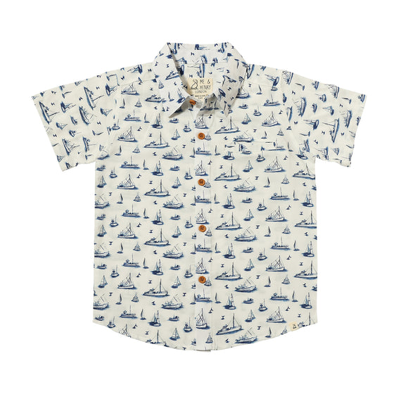 Mens Maui Woven Print Shirt white boats print