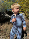 Snuggle Blue/Navy stripe cosy fabric Polo Romper