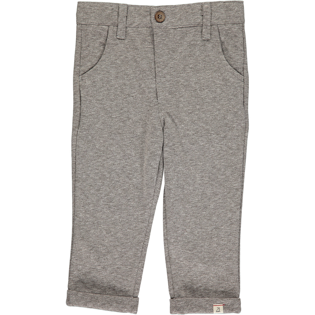 little boy grey jersey pants, side pockets, rolled at ankles, belt straps