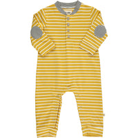 mustard and white stripe baby romper, grey stripe elbow patches,  grey stripe round neckline, 4 buttons down, horizontal stripes