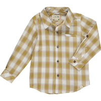 mustard / white plaid woven shirt, brown buttons, cuffed wrists with button, handkerchief pocket, full length,