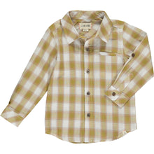  mustard / white plaid woven shirt, brown buttons, cuffed wrists with button, handkerchief pocket, full length,