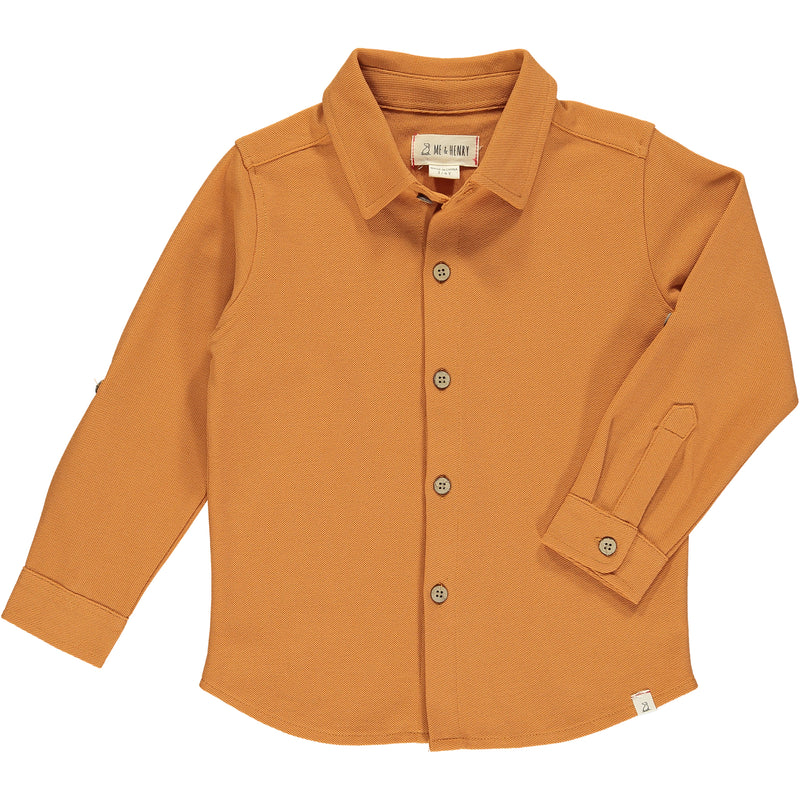 pumpkin pique shirt, button down, cuffed wrists, full length, smart