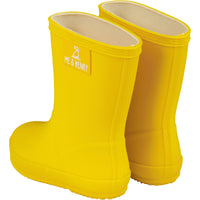 pair of rainboots. rubber sole , wellies, rainboots , yellow , leather, kids boots, me & henry logo at the top of the boots.