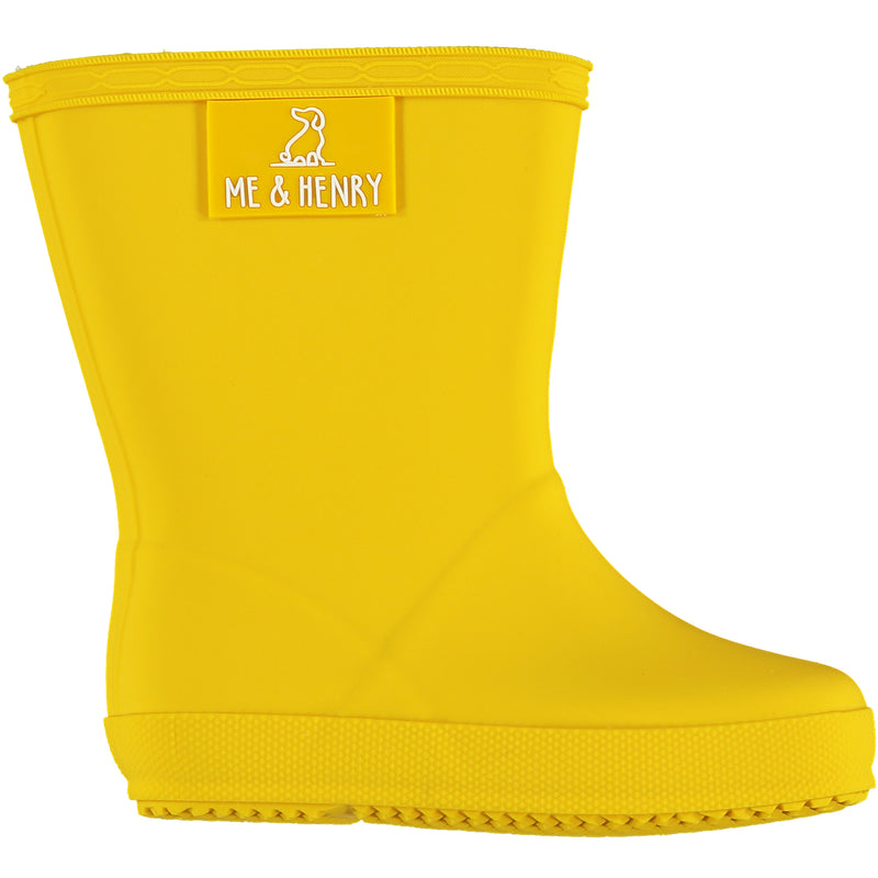 pair of rainboots. rubber sole , wellies, rainboots , yellow , leather, kids boots, me & henry logo at the top of the boots.