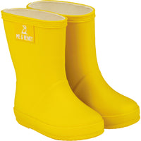 pair of rainboots. rubber sole , wellies, rainboots , yellow , leather, kids boots, me & henry logo at the top of the boots.