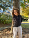 little, boy, got, hands, behind, back, charcoal, pique, polo, button, buttons, collar, white, pants, smart, look, autumn, henry,