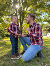 Red/navy plaid woven shirt