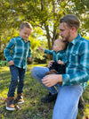 Baby, boy, dad, teal, white plaid woven shirt, Atwood, Henry, blue jeans, navy pants, tan boots, Long, Sleeves, sleeved, sleeve.