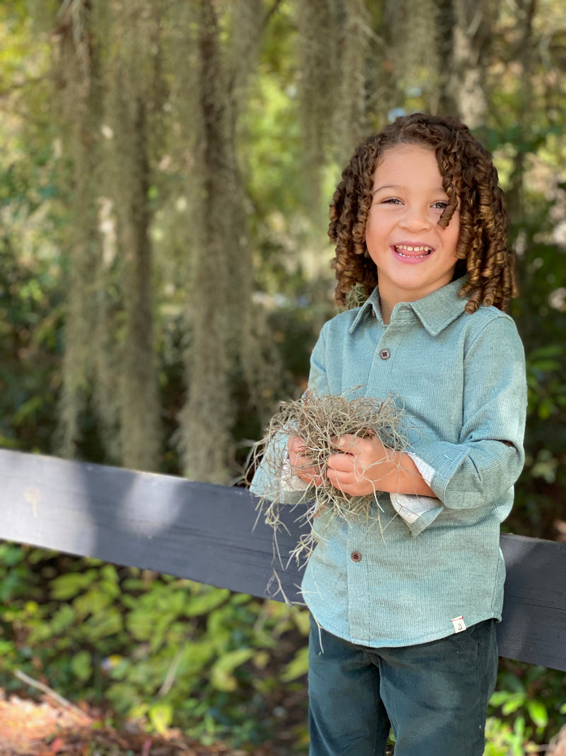 little boy, curly brown hair, green stripe jersey shirt, sleeves uncuffed and rolled back, wearing denim jeans, holding a bundle of grass, in the woodlands